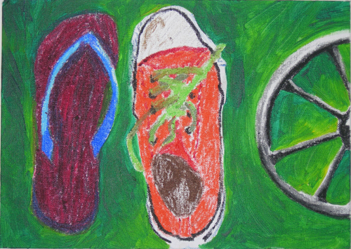 Drawing of a flip-flop, a tennis shoe, and a wheelchair wheel.