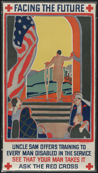Poster from the Red Cross with an American Flag and a soldier who has had one leg amputated.