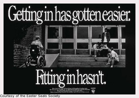 A wheelchair user enters a building by way of a ramp while a group of people sits on the steps a distance away. The caption of this poster reads 'Getting in has gotten easier. Fitting in hasn't.'